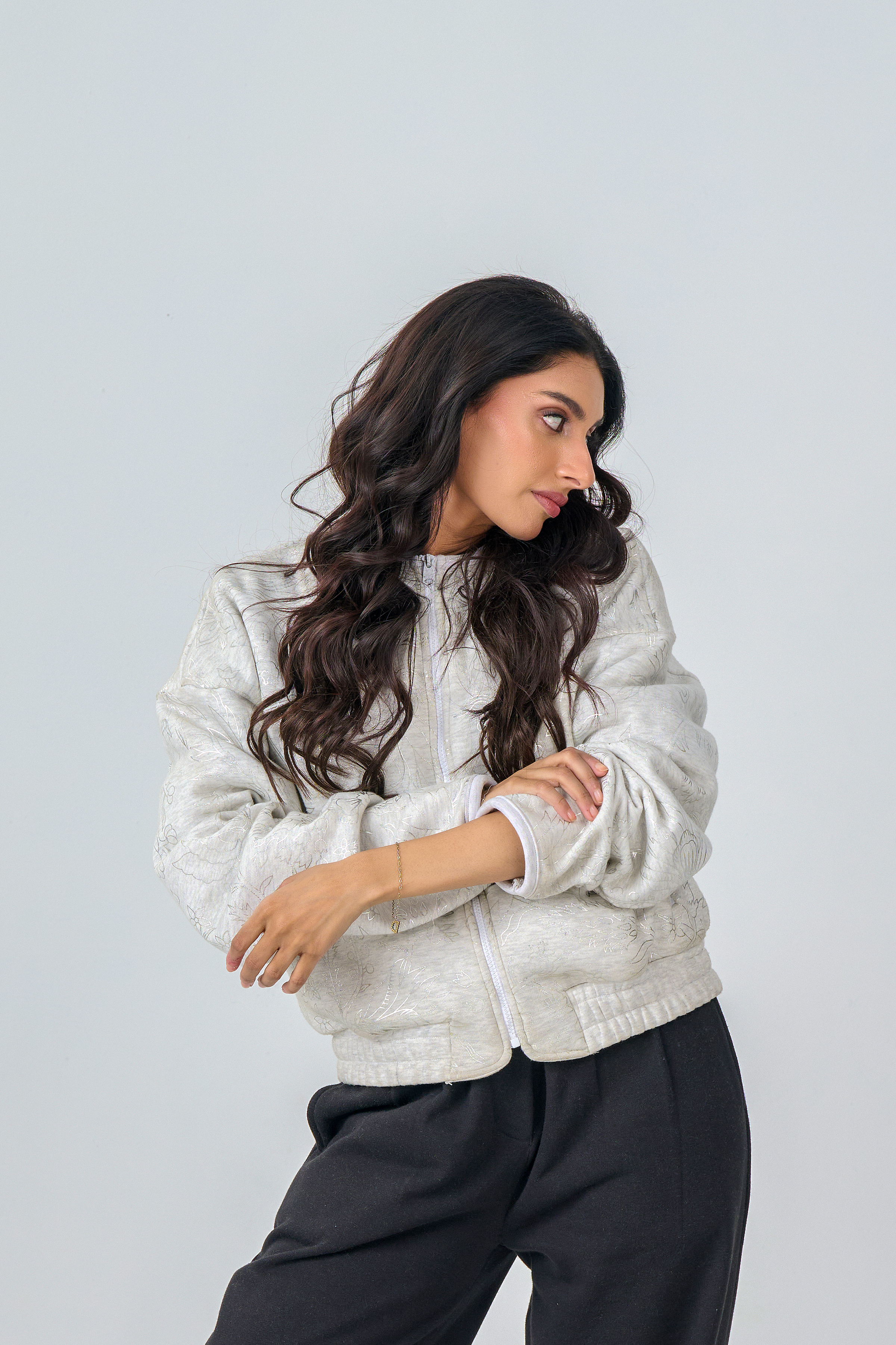 Cropped Zipper Jacket with Silver Foil Print (Heather Grey)