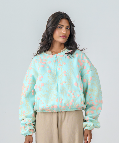 Cropped Zipper Jacket with Embossed Print (Mint Green)