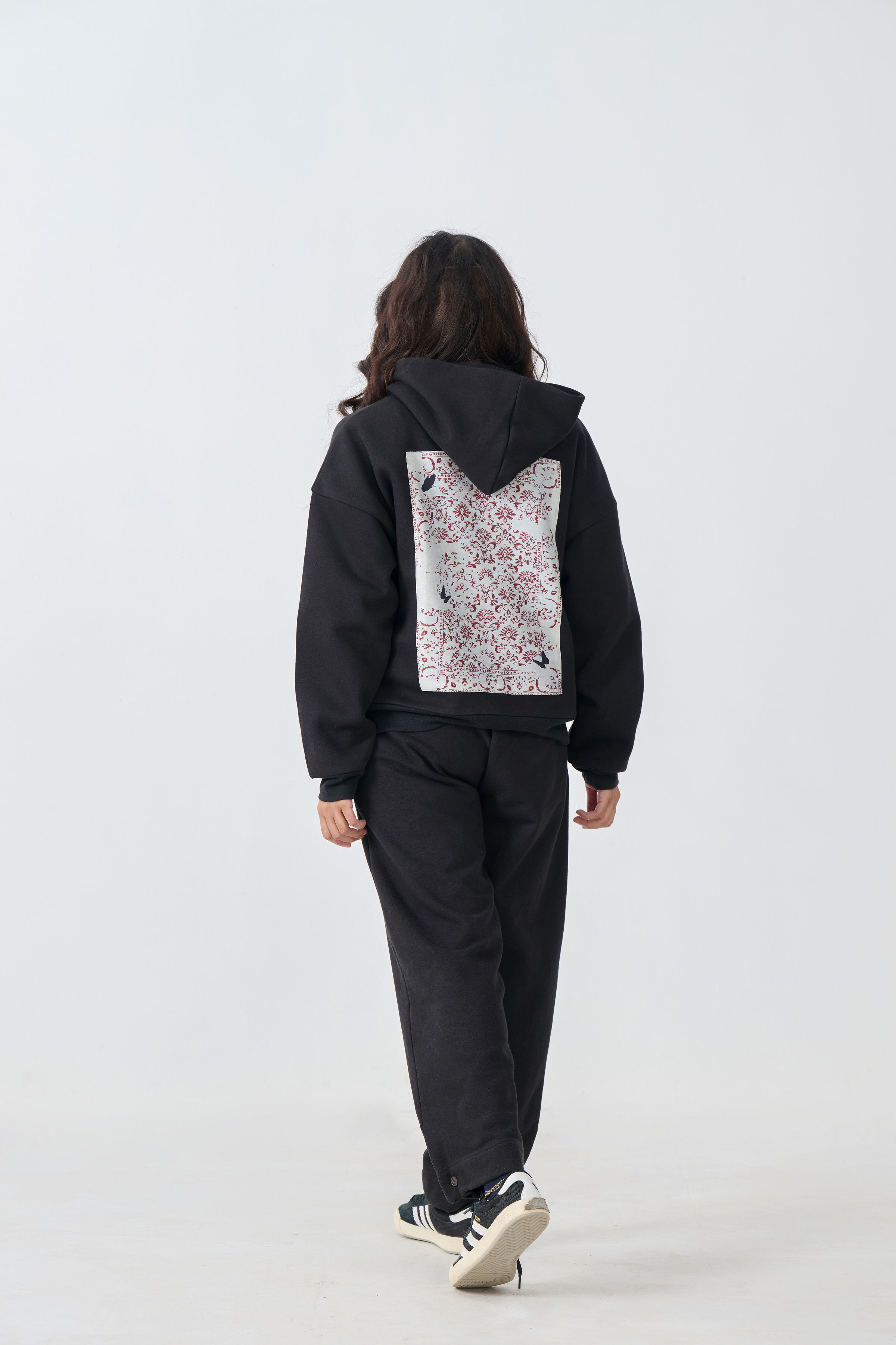 Loose Fit Fleece Pull Over Hoodie with Digital Print Patch (Black)