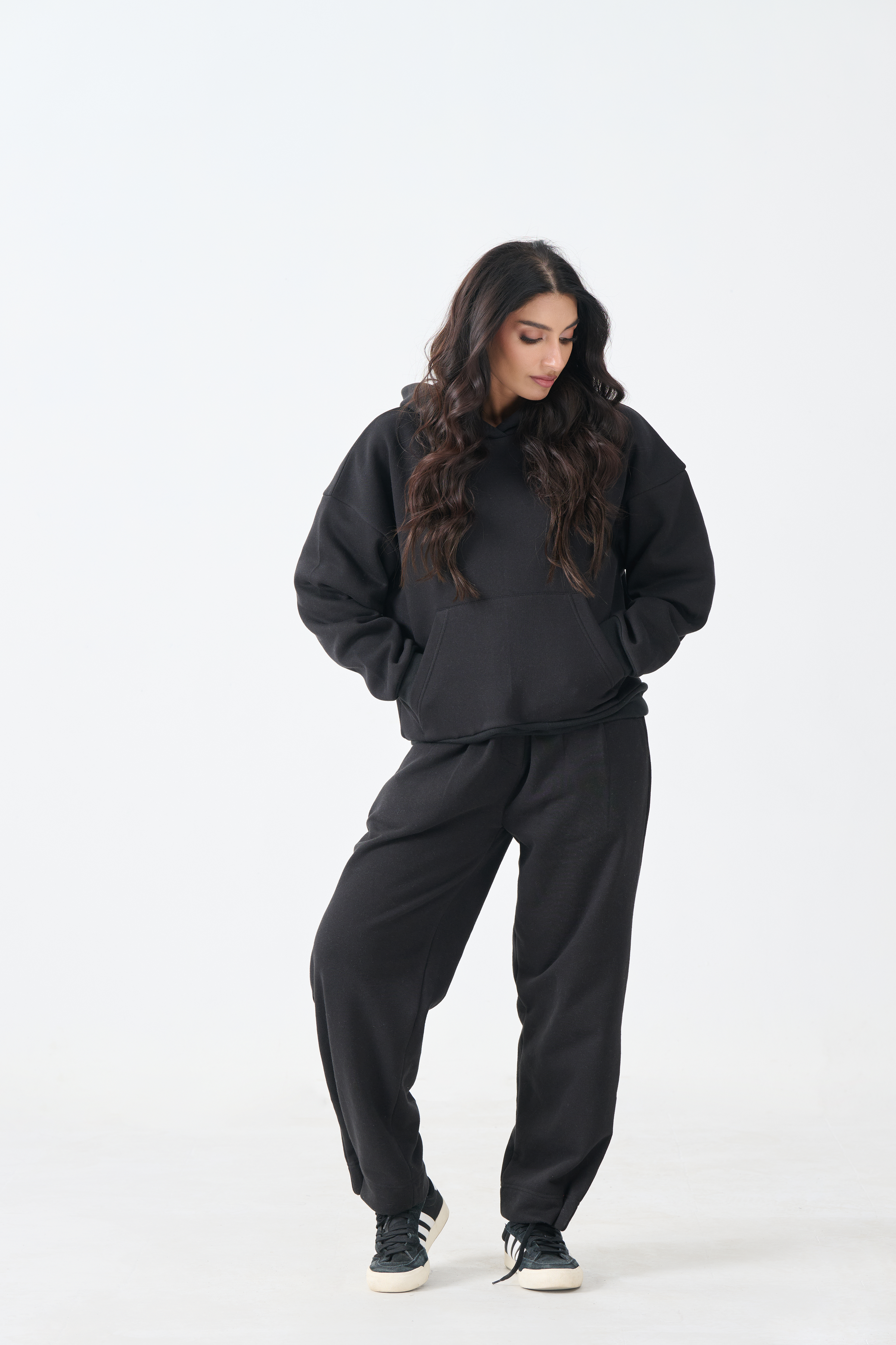 Loose Fit Fleece Pull Over Hoodie with Digital Print Patch (Black)