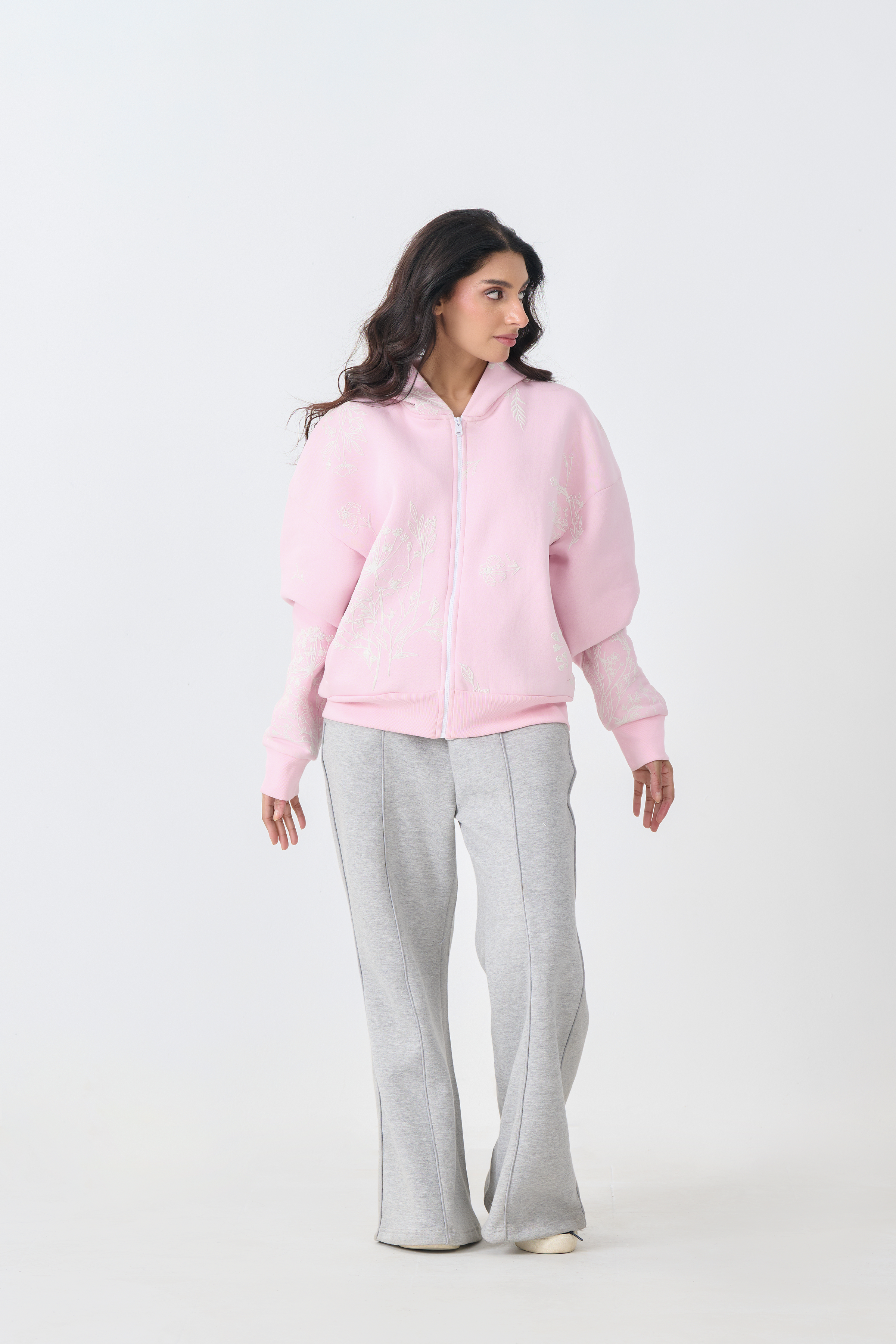 Loose Fit Fleece Zipper Hoodie (Pink)