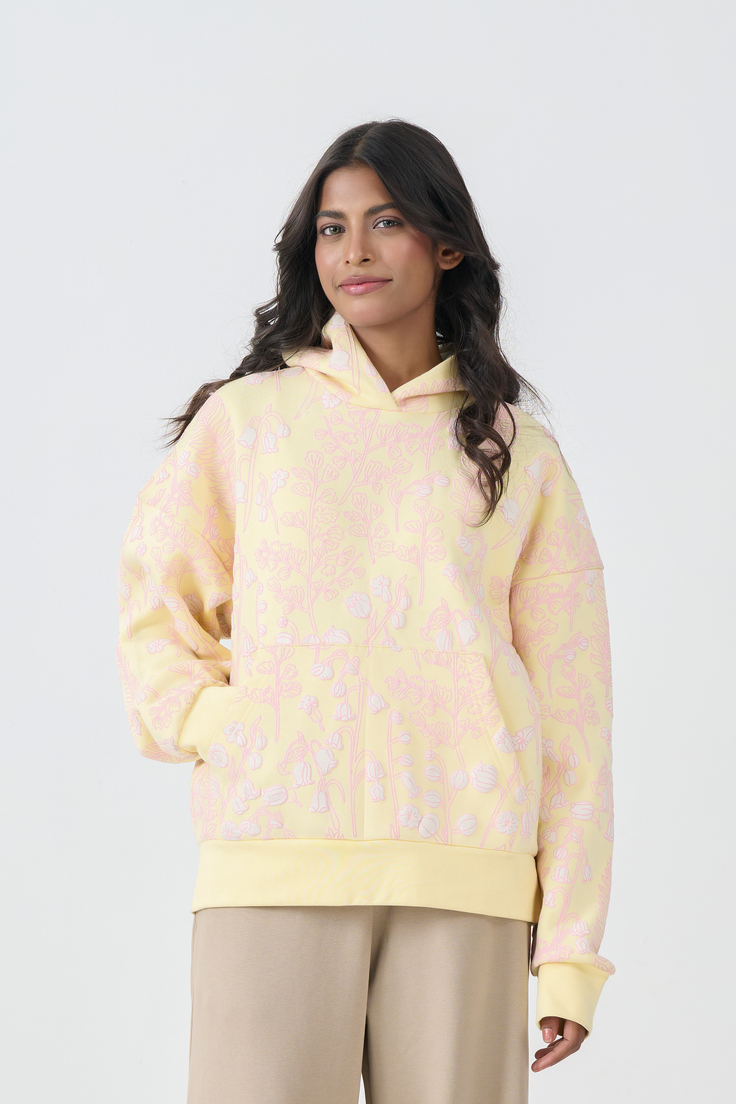 Loose Fit Fleece Pull Over Hoodie (Yellow)