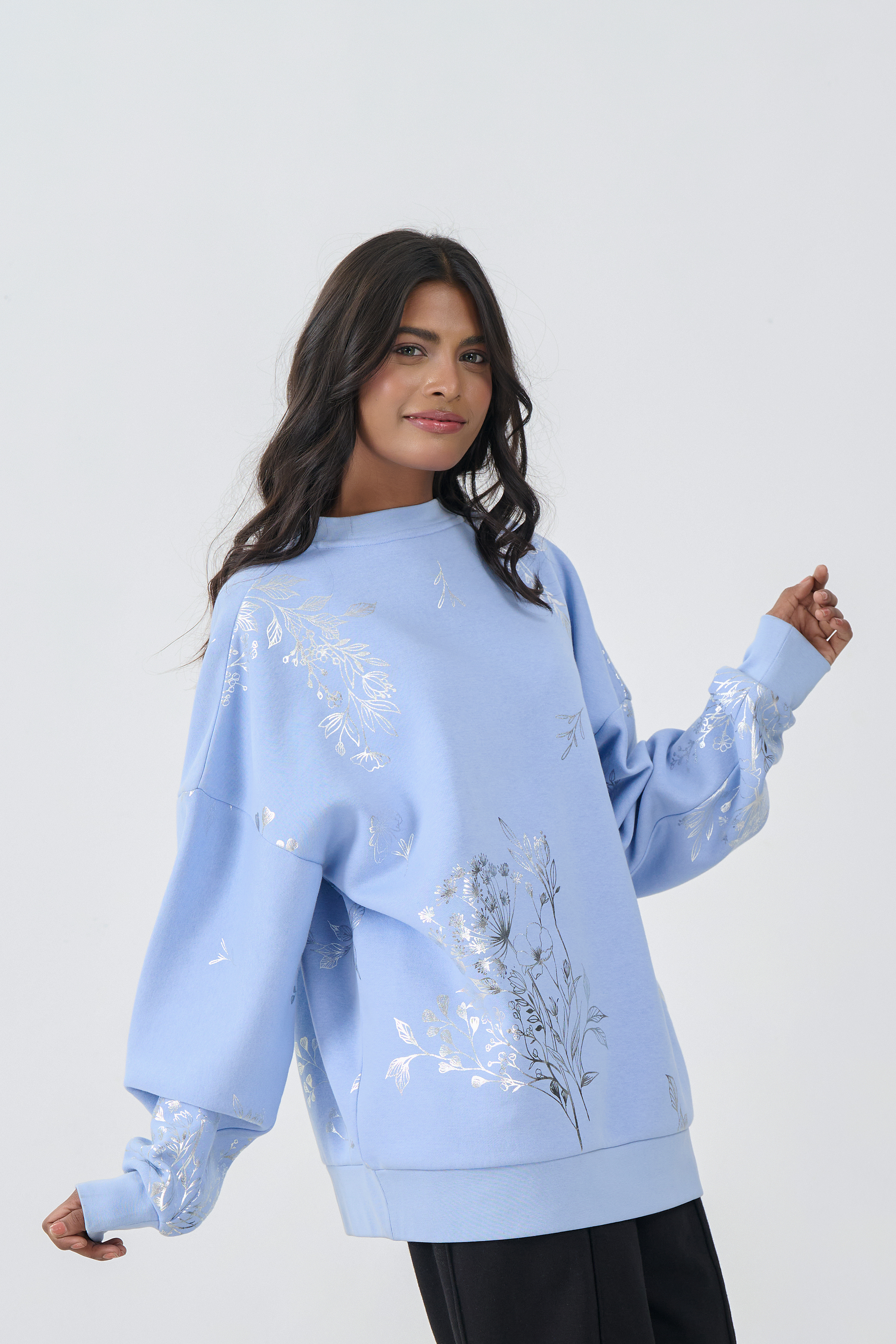 Loose Fit Sweatshirt with Silver Foil Print (Ice Blue)